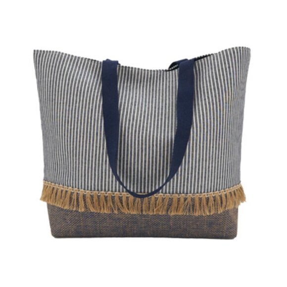 Summer Nautical Navy Blue Striped and Tasseled Tote Bag Handbag Beach Craft tote - Picture 1 of 7